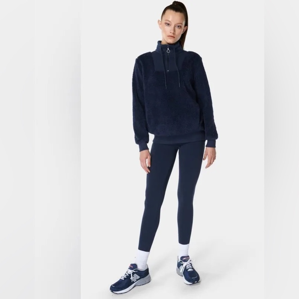 SWEATY BETTY Sherpa Half-Zip Fleece Pullover Sweatshirt in Navy Blue Size 4 XS